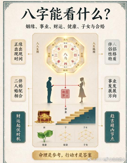 八字可以推演人生诸多方向：感情姻缘何时到来、适合谈婚论嫁的时机、另一半的特质，二