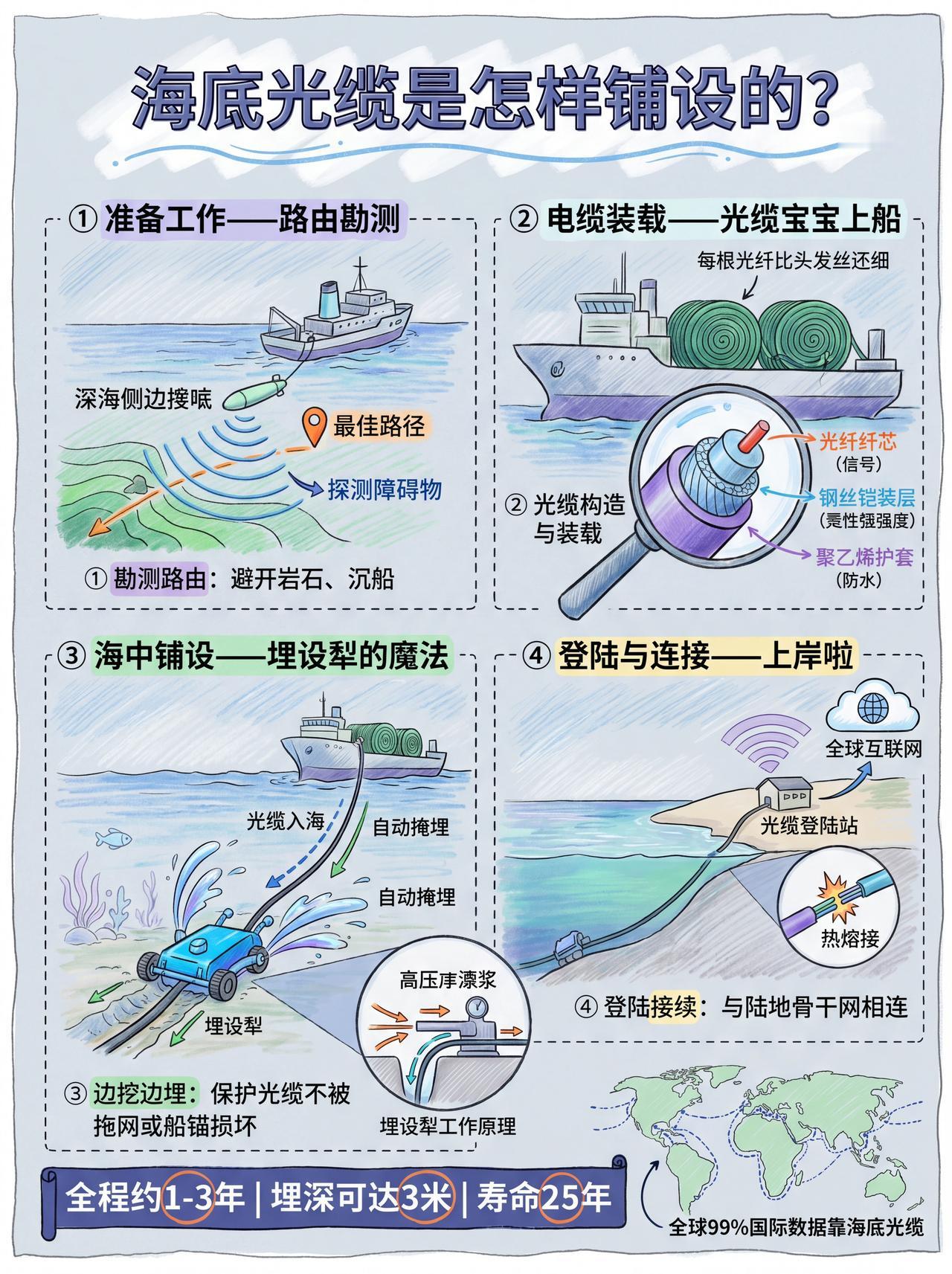 一图看懂：海底光缆是怎样铺设的？科普 涨知识 海底光缆铺设