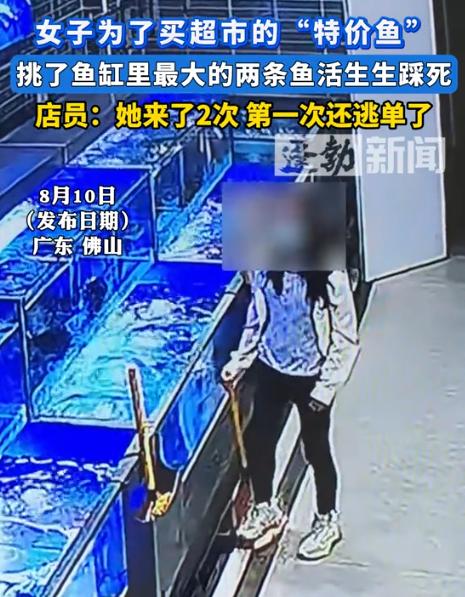 缺大德了！广东佛山，一女子去超市买鱼，用渔网捞出来了两条大的，谁料，下一秒她就将