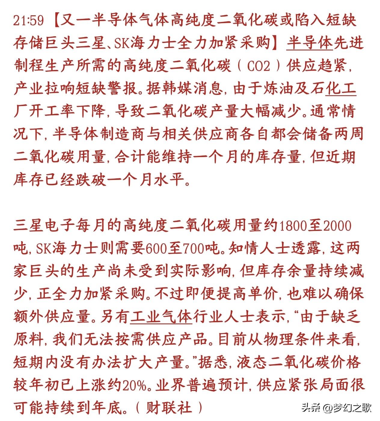 半导体板块被上游原材料压制，存储芯片利润受损
芯片制造要用的高纯度二氧化碳，现在