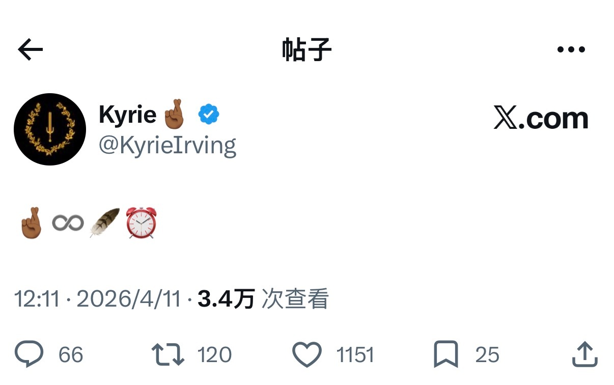 欧文发推：🤞🏾♾️🪶⏰nba