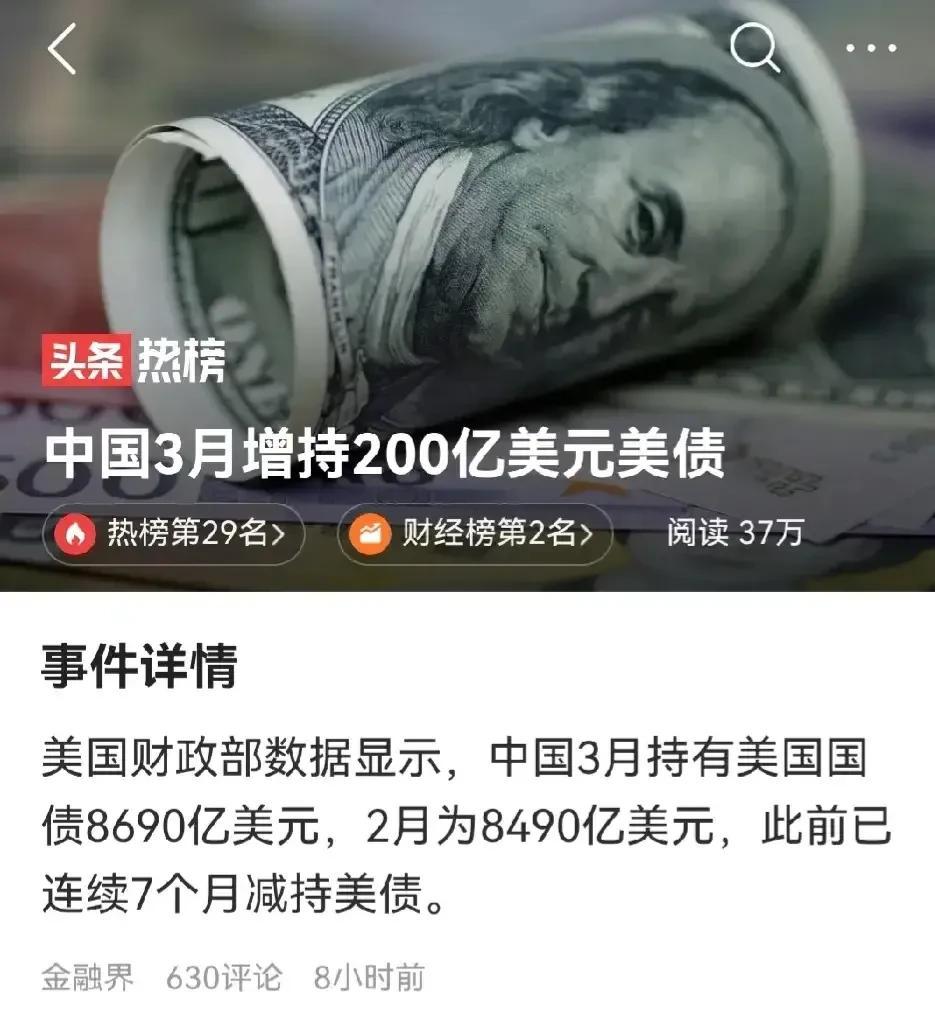 美国施压有效果？中国3月增持200亿美元美债 结束连续7个月的减持！美国财政部数