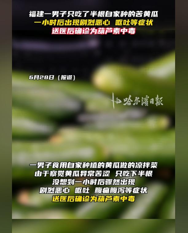 福建，一名男子食用自家种的黄瓜，觉得很苦涩，于是就吃了半根。可谁知，就是这半根黄