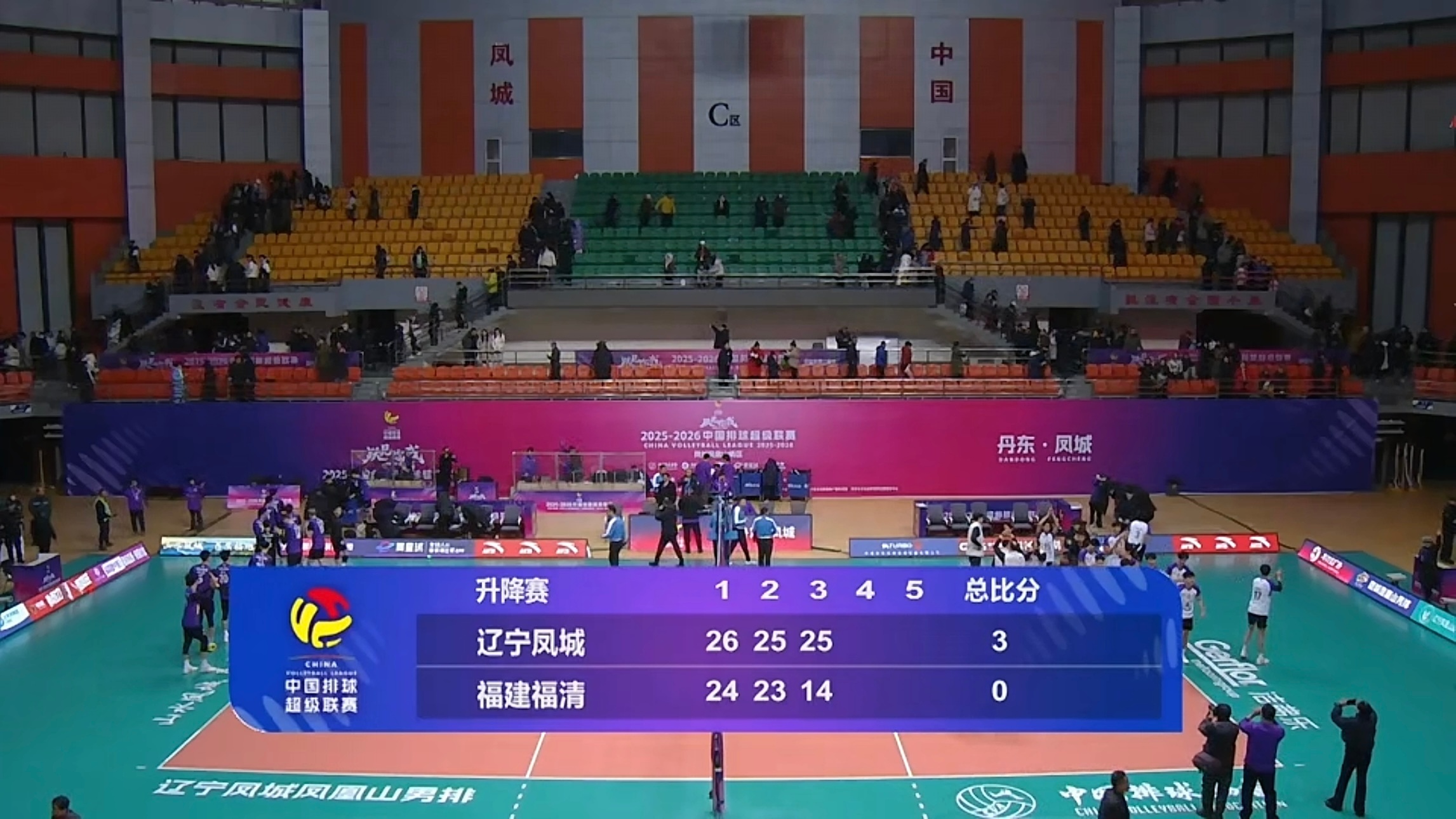 2025-2026中国男排超级联赛常规赛赛中升降赛第一回合，辽宁凤城凤凰山男排主