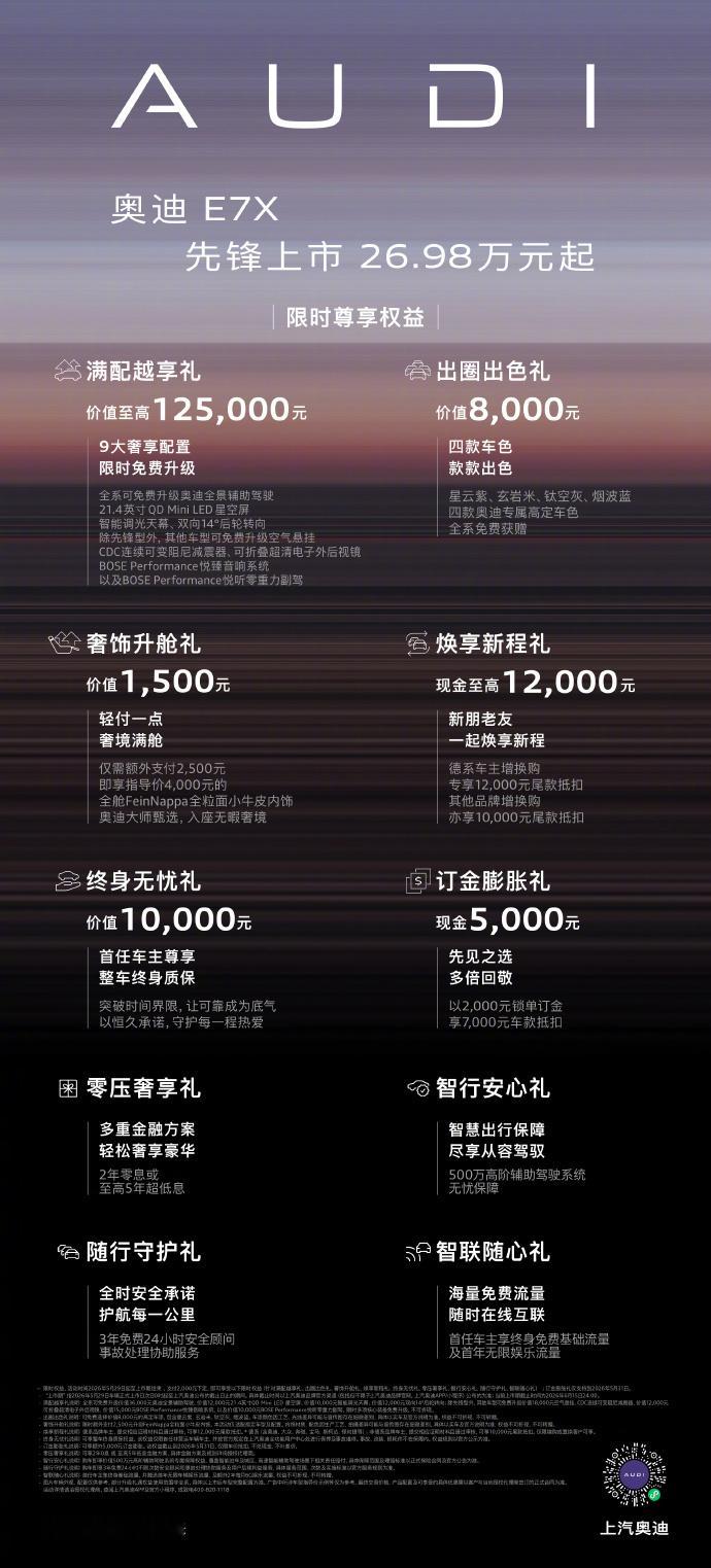 公路之王奥迪E7X上市26.98万元起奥迪E7X正式上市，26.98万元起，权益