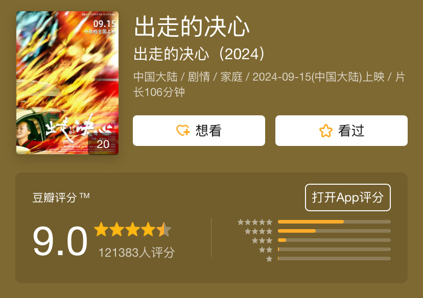 《出走的决心》豆瓣升到9.0，国产电影这几年能有这么高分的电影很少了吧，我个人真