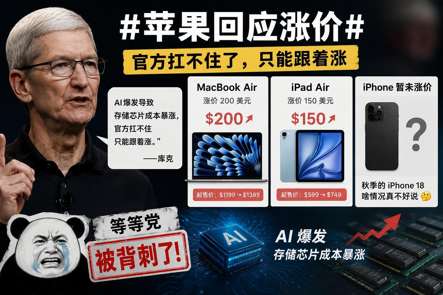 苹果回应涨价库克说是AI爆发导致存储芯片成本暴涨，官方扛不住只能跟着涨。这波幅度