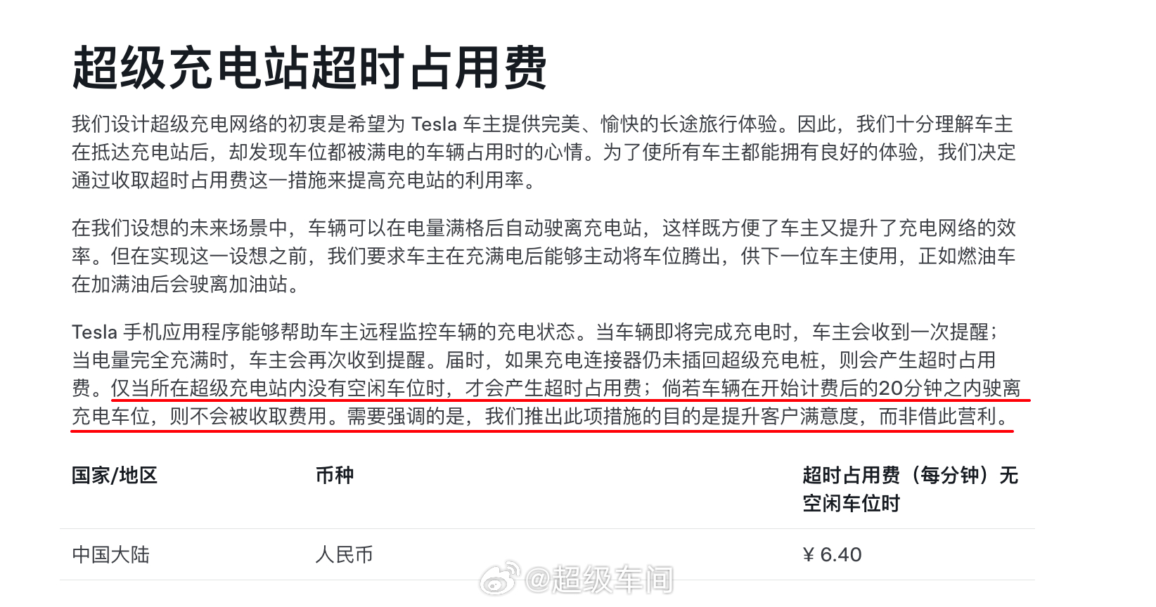 特斯拉 充电站超时占用费条款做出以下更新：仅当所在超级充电站内没有空闲车位时，才