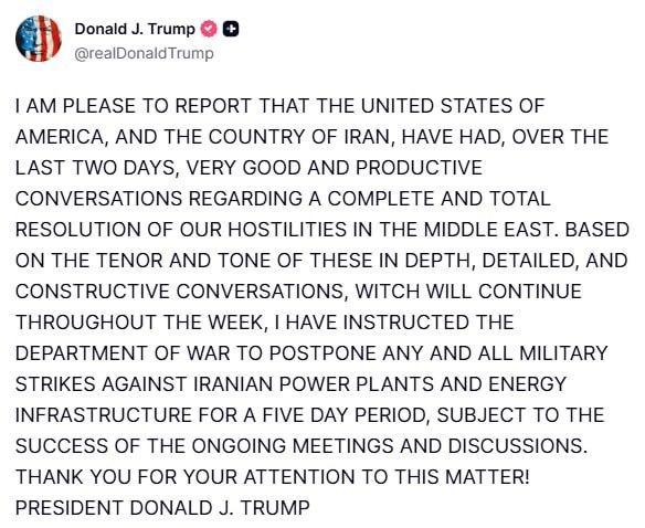 特朗普声称已经和伊朗进行了会谈，并暂停对伊朗核设施和能源基础设施的打击，还表示已