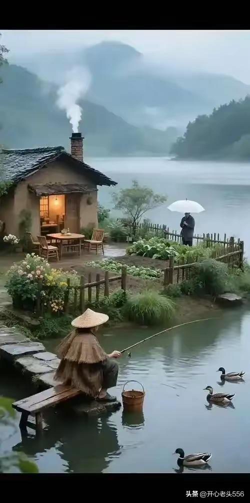 青山薄雾隐农家，
碧水湖边戏野鸭。
蓑笠垂竿抛俗事，
愿者上钩一杯茶。