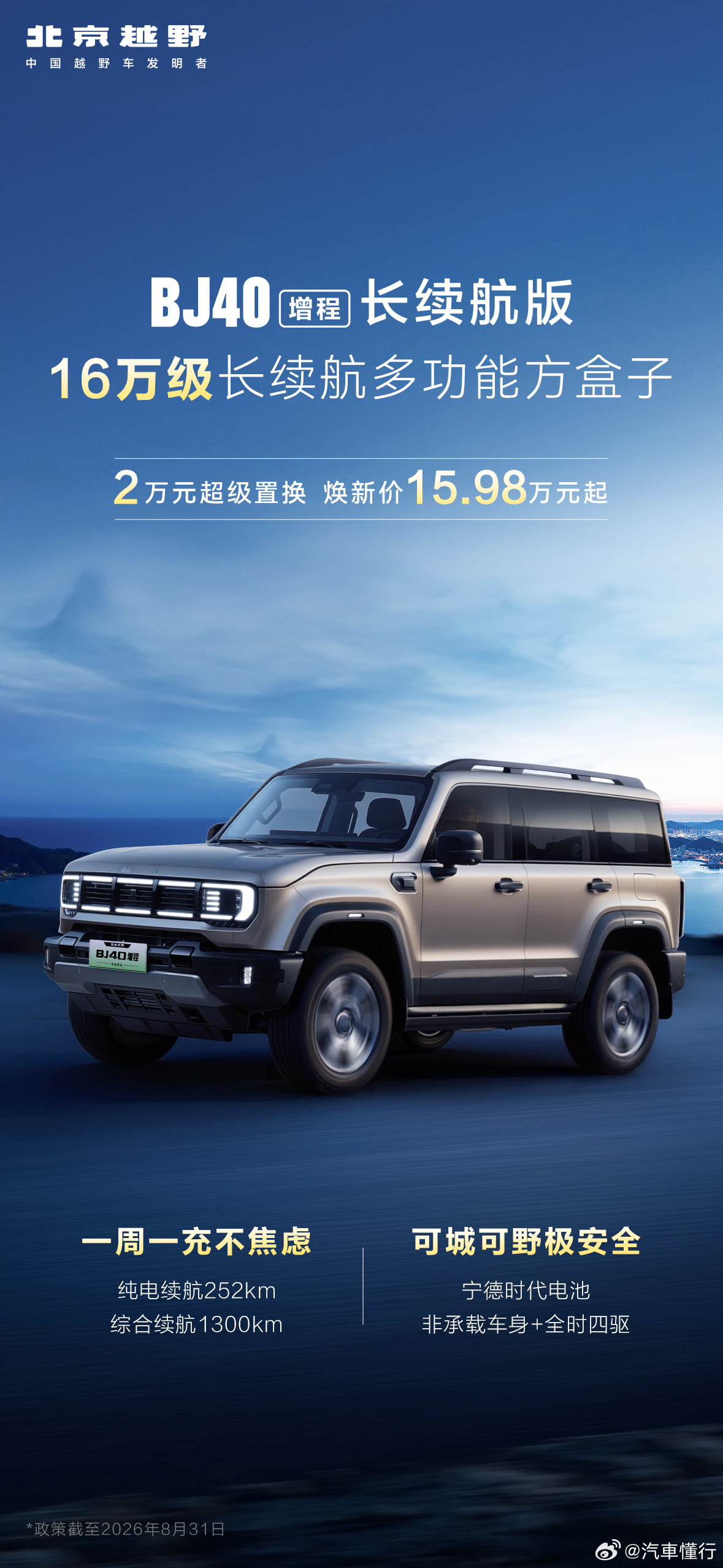 16万级长续航多功能方盒子——BJ40增程一周一充不焦虑，可城可野极安全。2万超