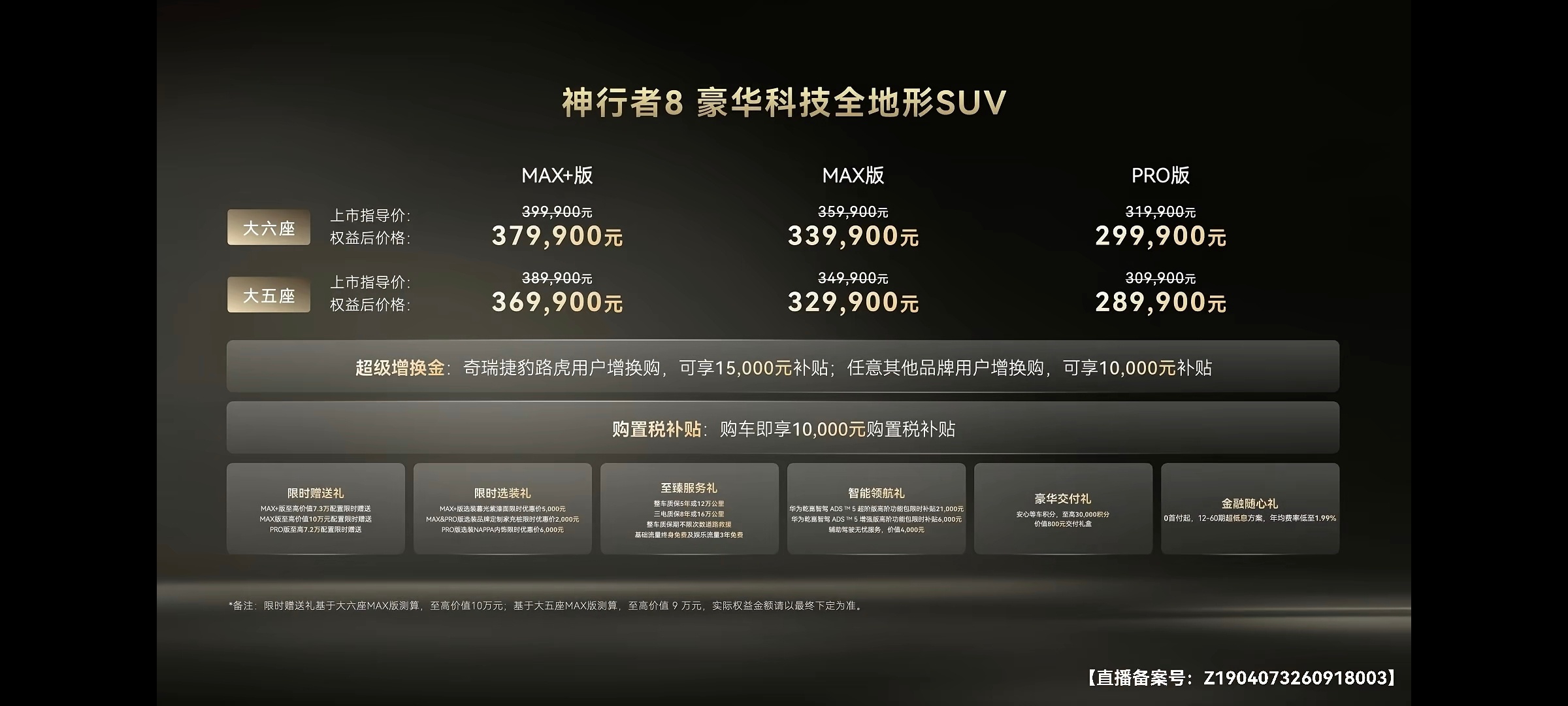 神行者8正式上市，权益之后五座版最低售价是28.98万元，六座版最低售价29.9