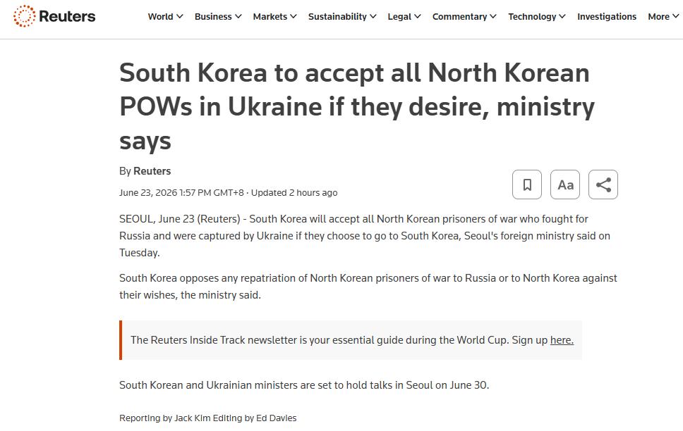 路透社报道，韩国政府日前再次明确表态，凡是在俄乌战争中为俄罗斯作战、后被乌克兰俘