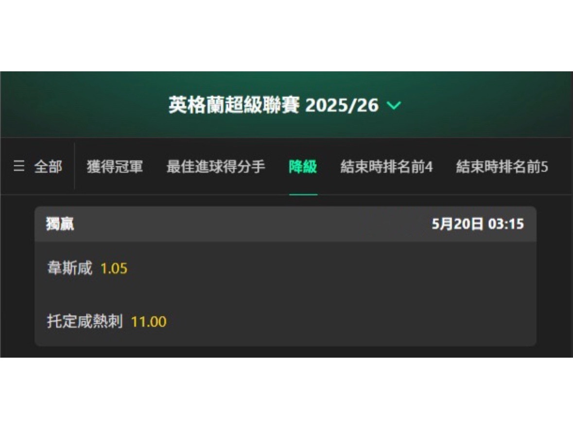 昨天西汉姆一输，降级指数直接调到1.05，降级这事基本没什么悬念了。你再去扫一眼