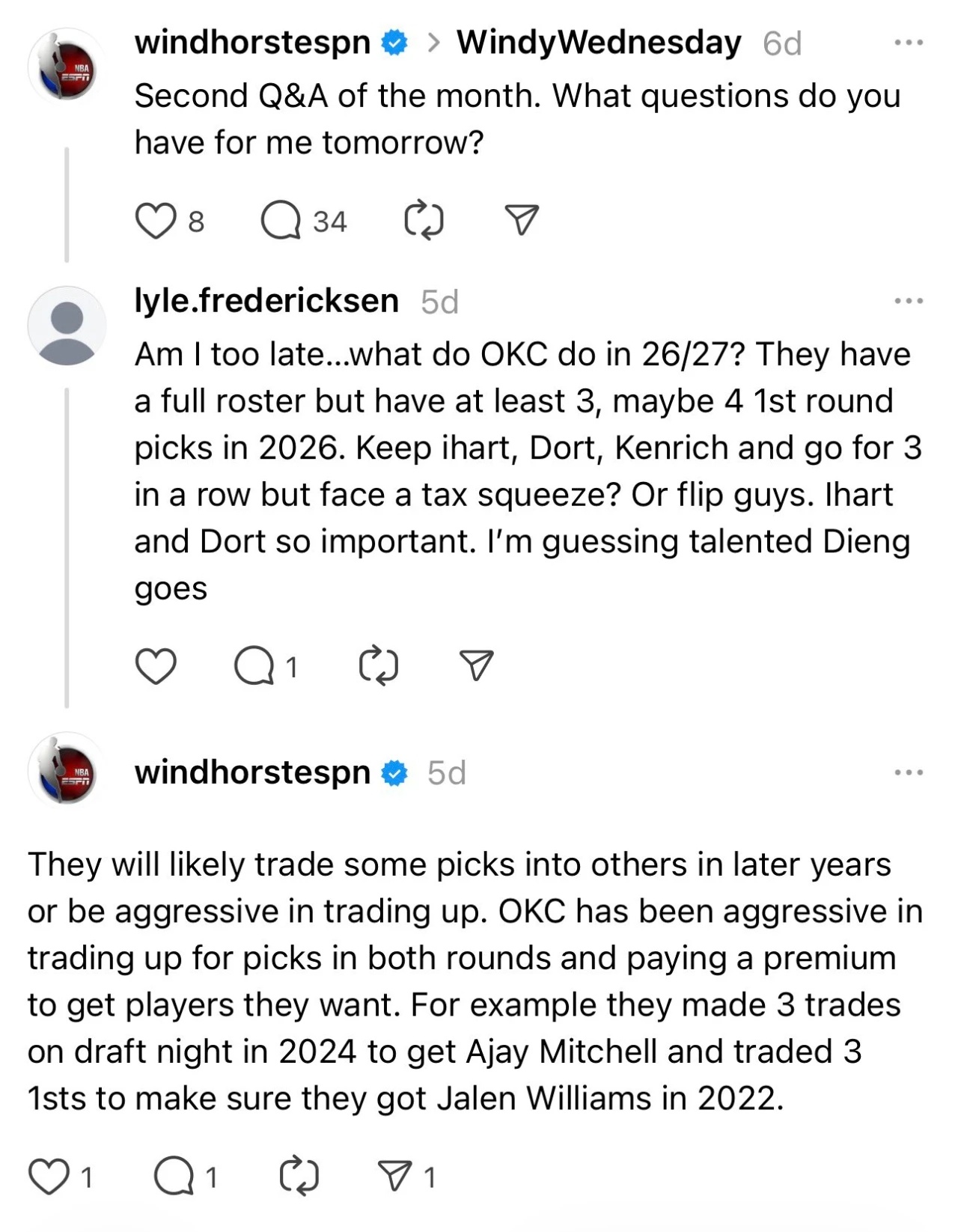 著名记者温霍斯特今日回答球迷问题时表示，雷霆可能会将今年的一些选秀权交易成未来的