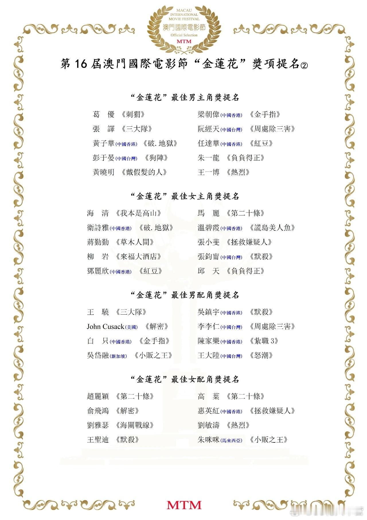 第16届澳门国际电影节及第15届澳门国际电视节完整提名名单！ 