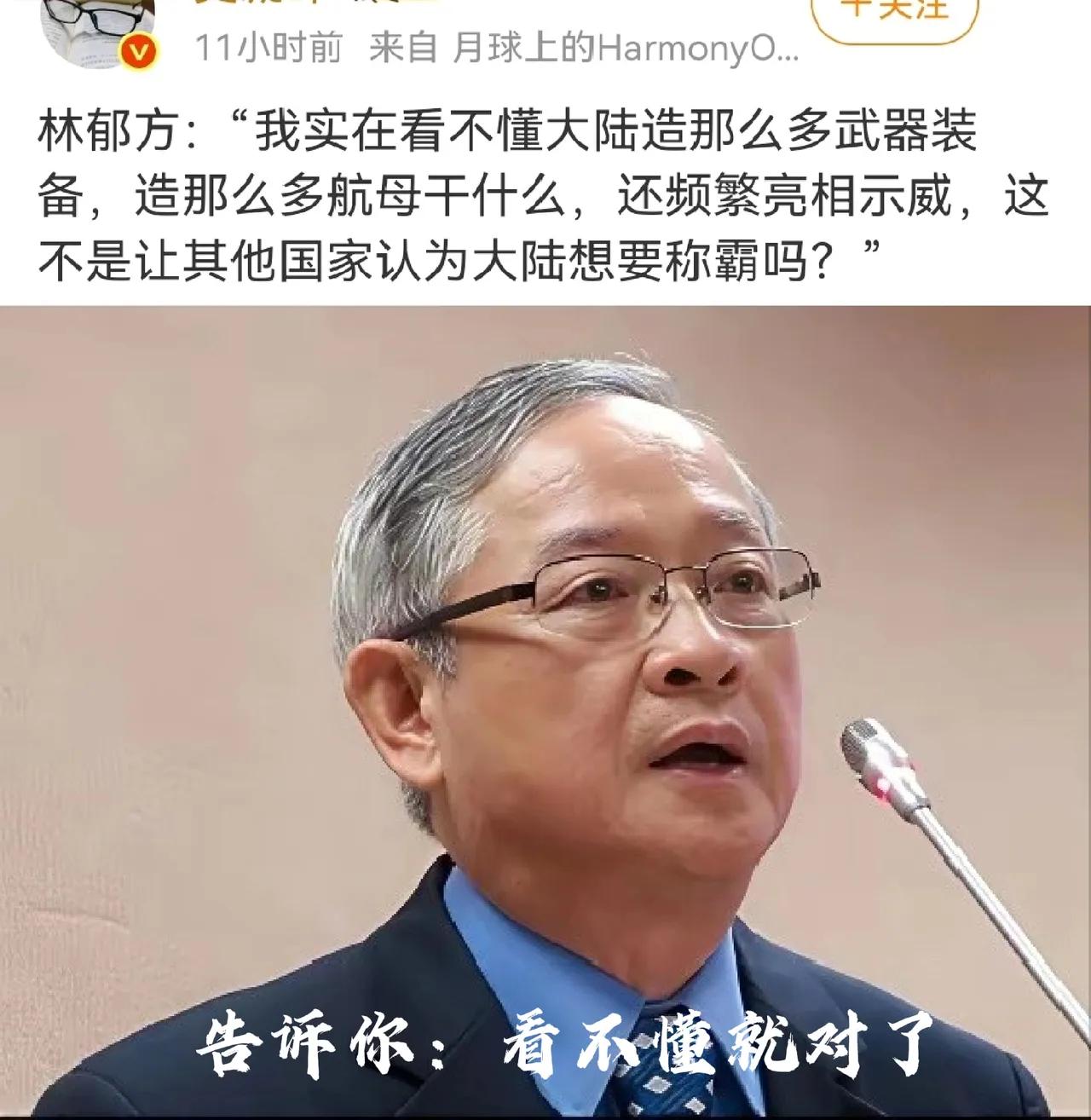 我们造那么多武器装备、造那么多航母干什么？
台湾知名土著人士林郁方：“我实在看不