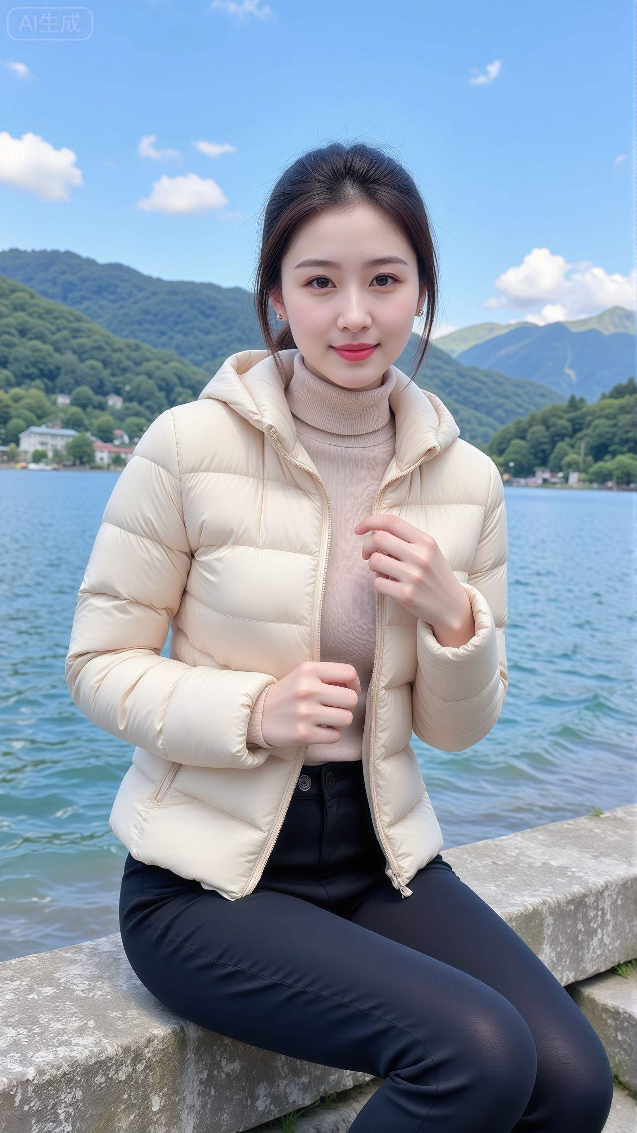 水边人坐，山色入怀。独坐小亭观雨落