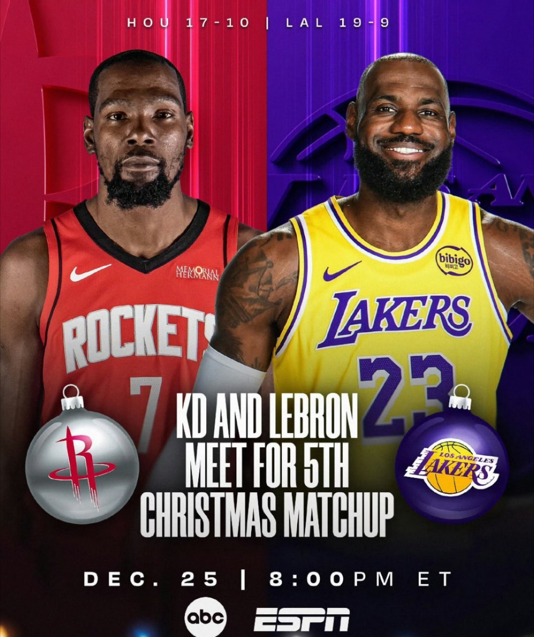 明天湖人与火箭的圣诞大战之所以受关注，是因为詹姆斯和杜兰特，两人对决承载了无数球