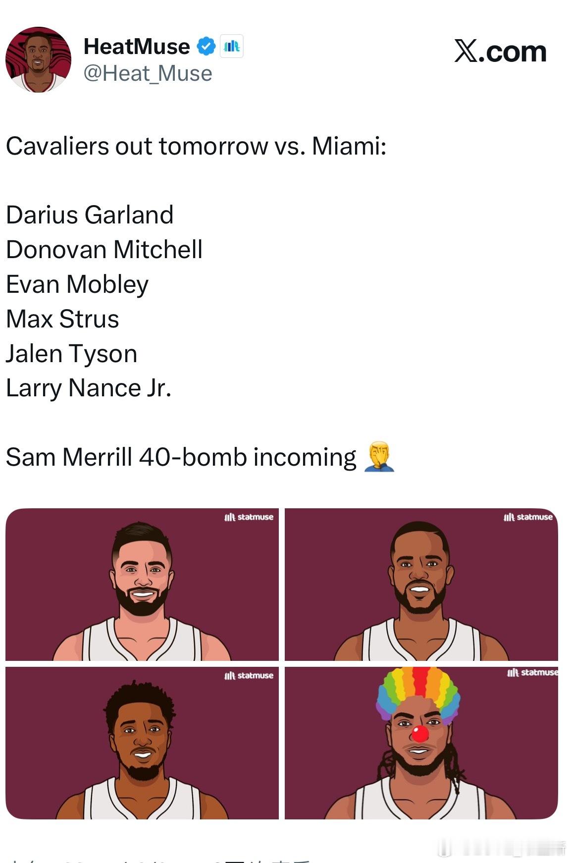 明天骑士队多名主力缺席，包括：加兰 米切尔 莫布里 斯特鲁斯 南斯