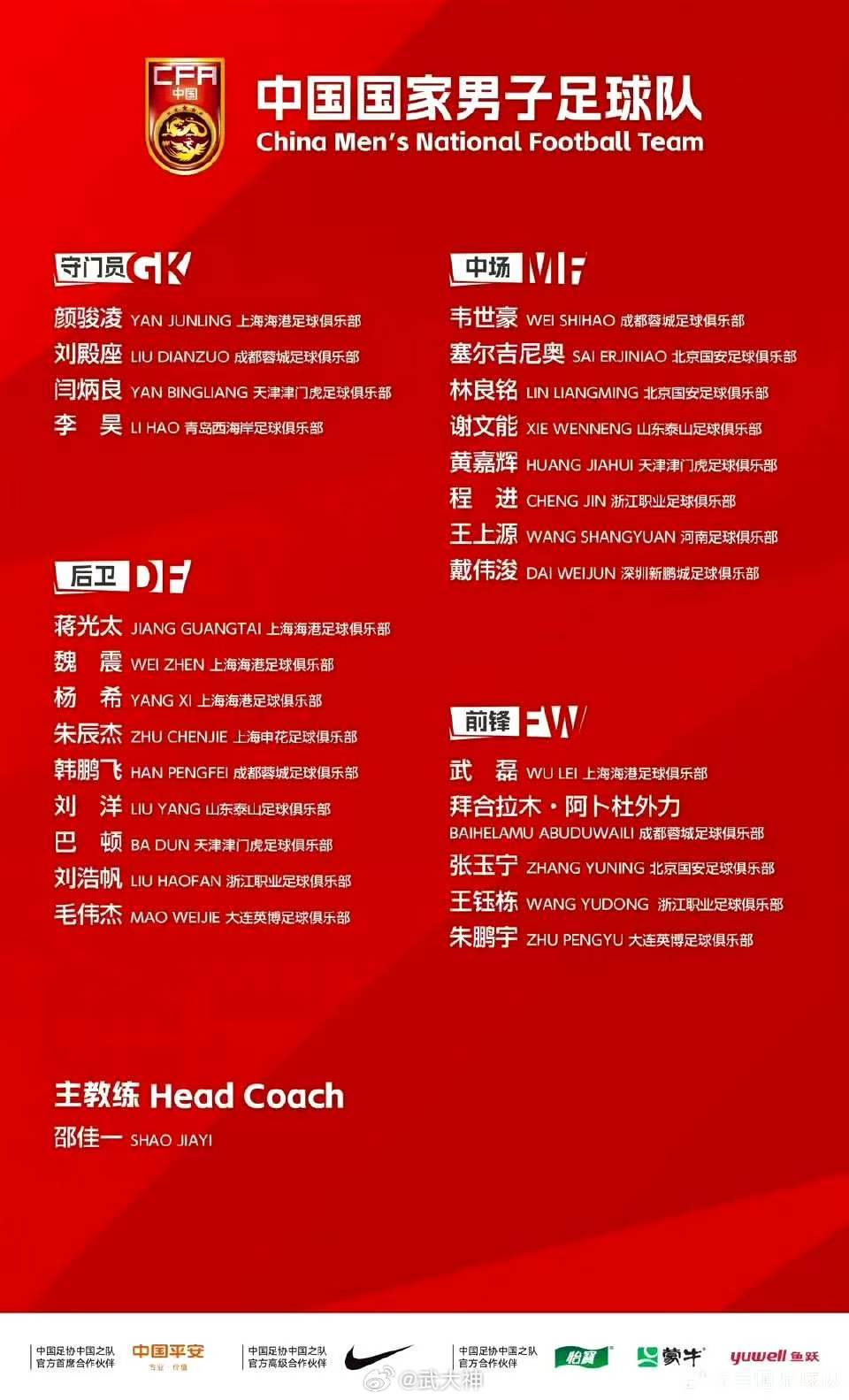泰山队仅两人入选国足集训队5月28日晚，由邵佳一带领的中国国家足球队公布了6月集
