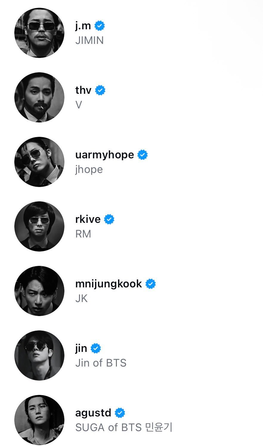 防弹少年团成员instagram头像现况，对2.0是真心的