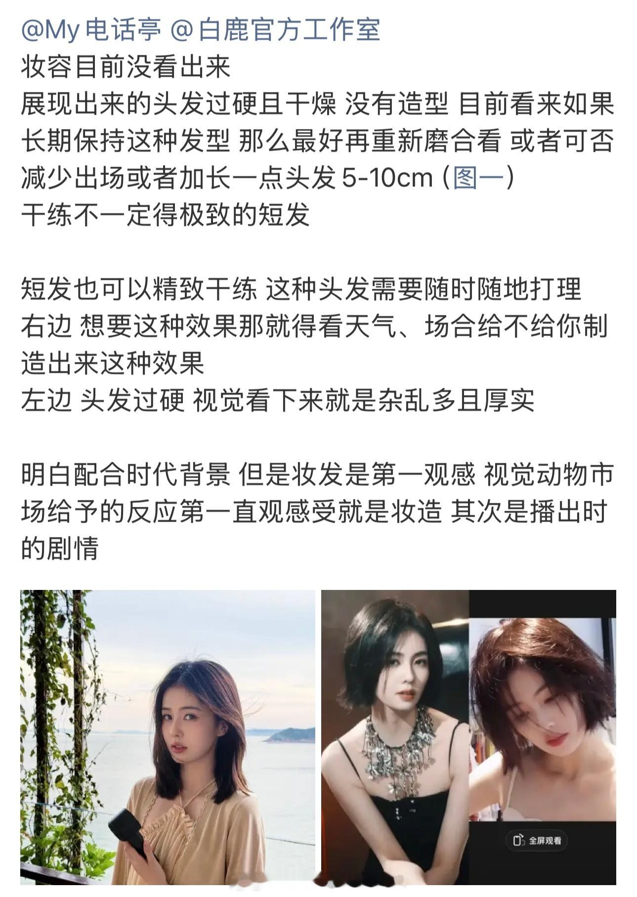 粉丝吐槽白鹿《开到荼蘼》短发造型过于蓬松厚重没有层次，头发过硬且干枯毛躁，发型乱