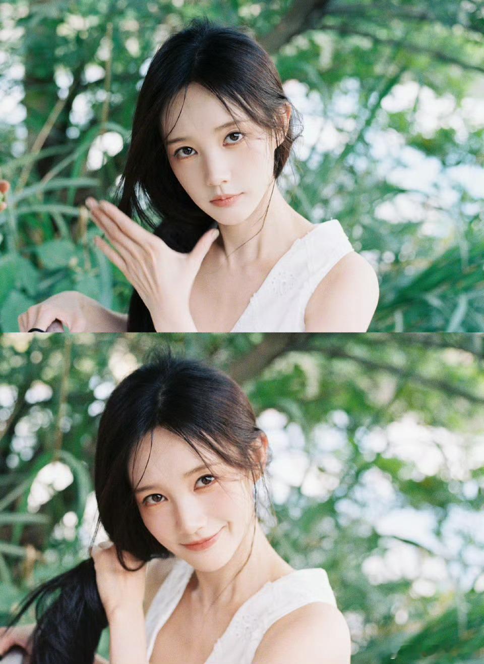 李一桐 顶光的神光影将她的骨相优势极致凸显，鼻梁、眉骨线条在强光下更显立体，完全