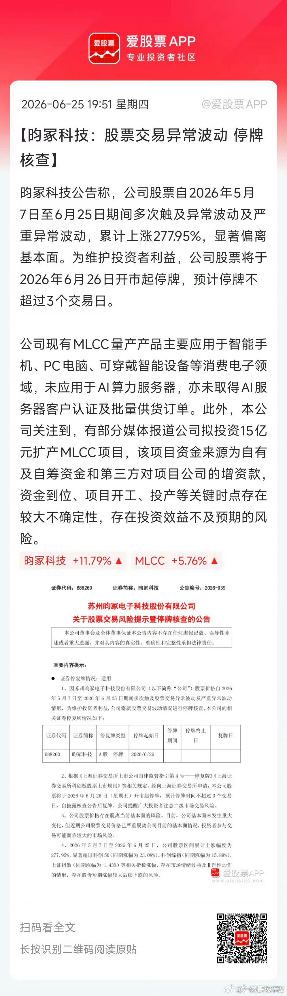 中船特气明天复牌，昀冢科技又关小黑屋了现在村里降温的两大动作，一是特停，二是，每