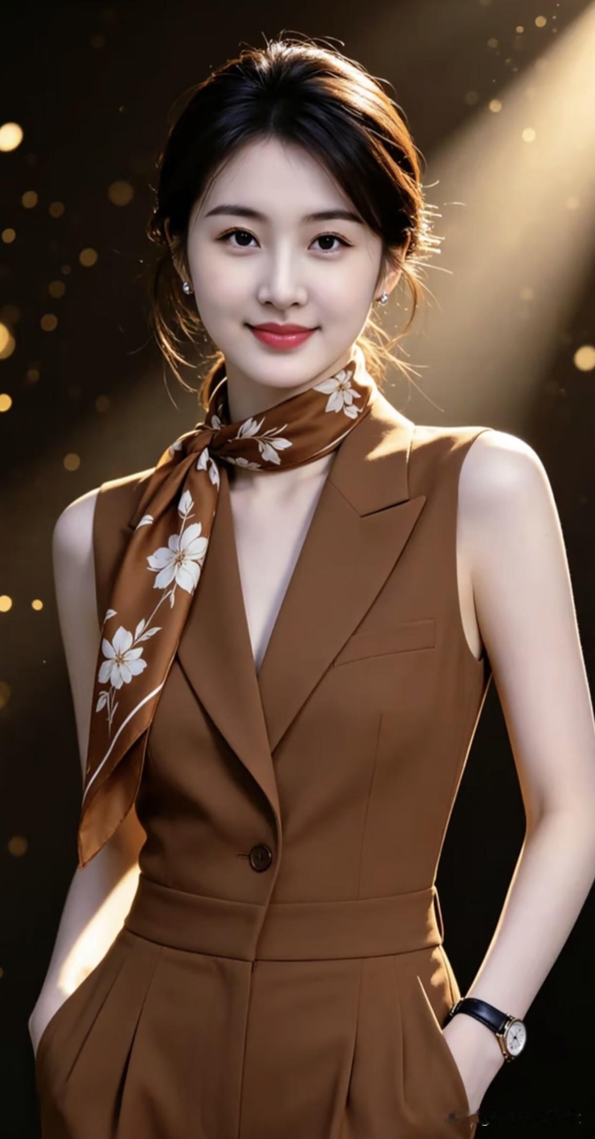 七绝·温婉芳姿
 
棕衫雅衬领巾芳，
浅笑凝眸气度扬。
一束柔光添静韵，
从容风