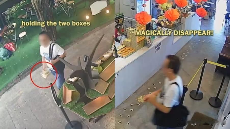 一名男子在一家榴梿档口前顺手牵羊，拿走两盒榴梿并丝滑藏进包包里，事后还若无其事走