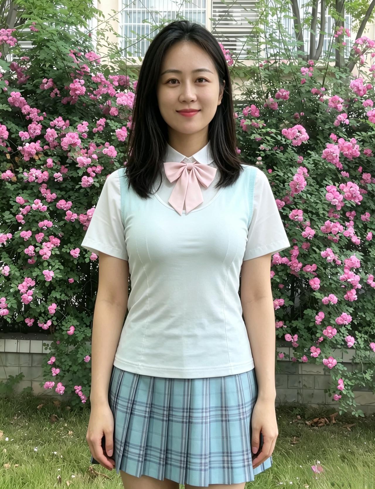 粉花如雾绕芳丛，立在其间意态融。
浅蓝裙袂随风动，笑靥清妍胜落红。