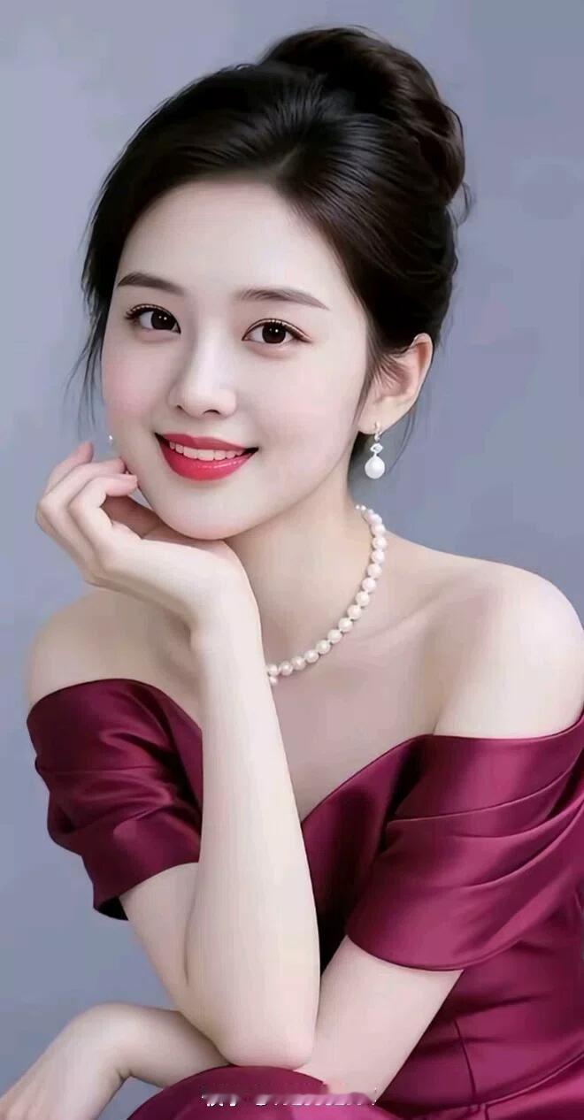 优雅红裙，珍珠闪耀，甜美笑容，气质女神