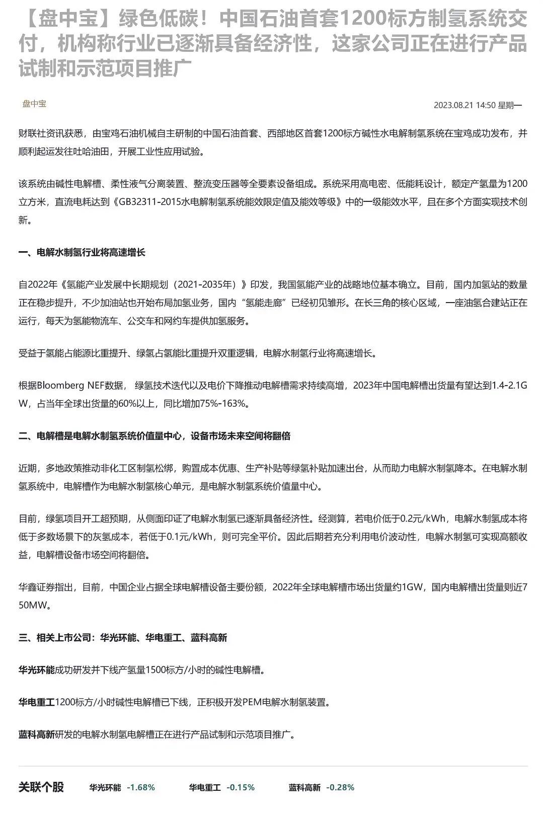 绿色低碳！中国石油首套1200标方制氢系统交付，机构称行业已逐渐具备经济性，这家