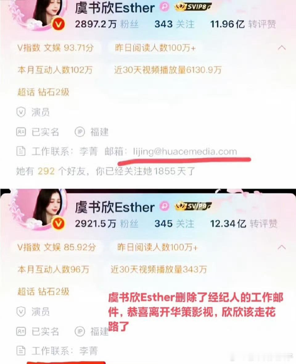 虞书欣疑似解约华策 虞书欣到期不续！离开华策，微博已删除原经纪人联系方式[哇] 
