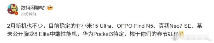 2月新机爆料  有小米 15 Ultra、OPPO Find N5、真我 Neo