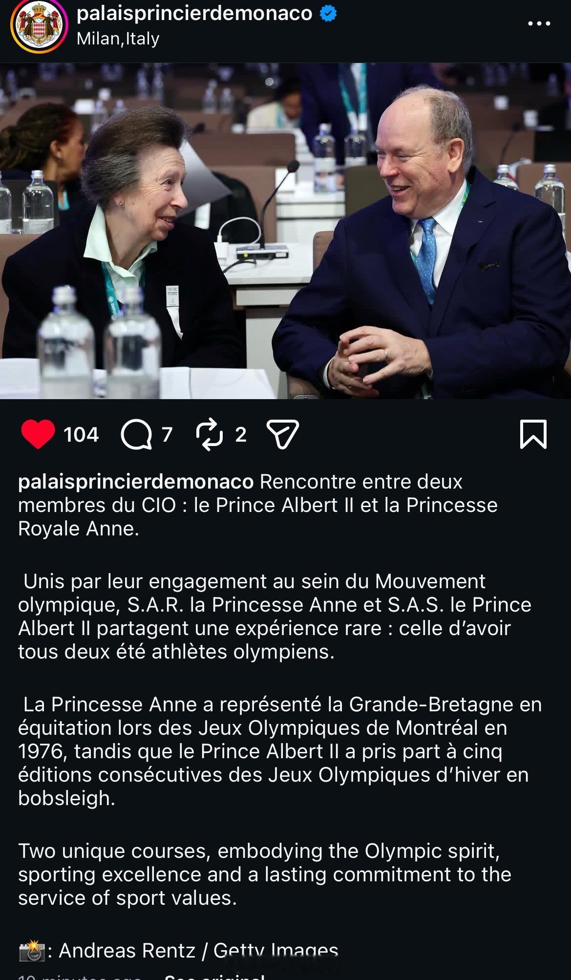 英国王室  正值国际奥委会期间，今天摩纳哥王室发文表示安妮长公主和摩纳哥的阿尔贝