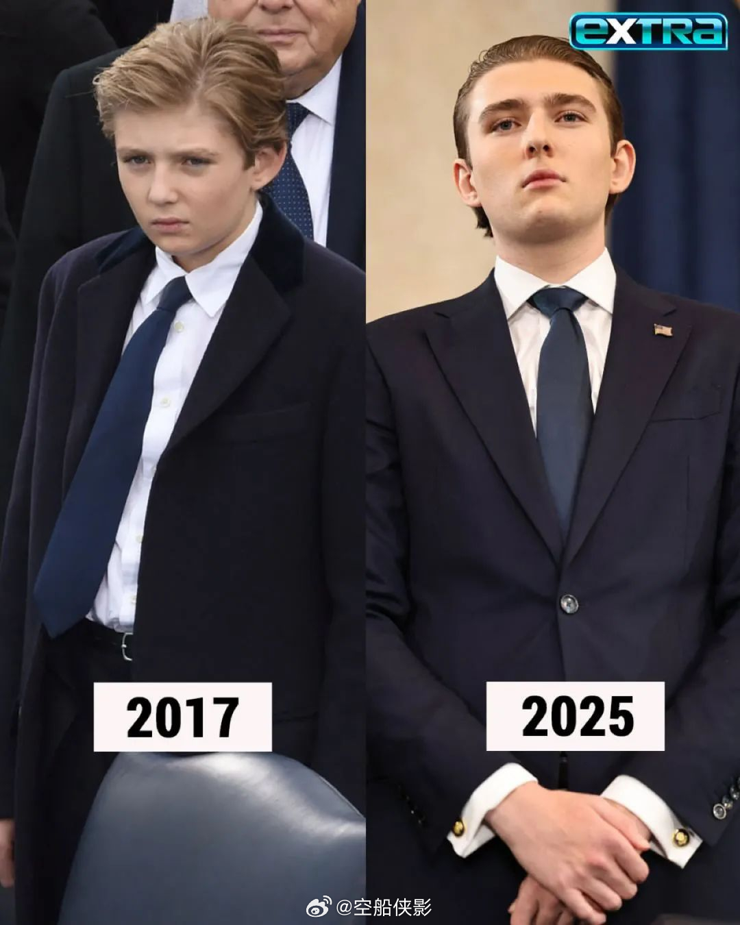 特朗普的小儿子巴伦，2017和2025年的对比，孩子长到两米多 Barron T