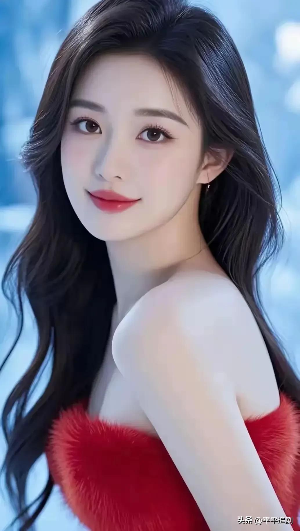 什么样的女人,最有魅力?
红绒抹胸裹着暖意，
墨色卷发在冷调背景里轻垂，
眉眼弯