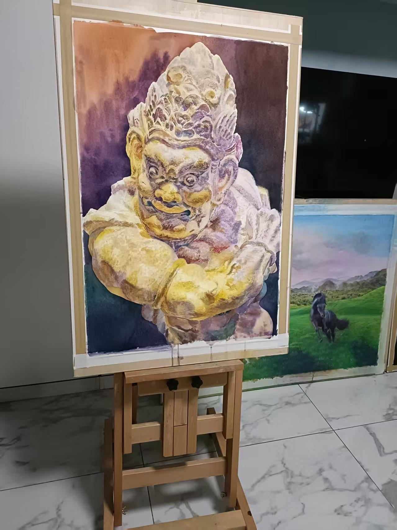 第一次尝试画对开的人物《石雕护法力士像》日常瞎画 怡华手绘 水彩 水彩文物