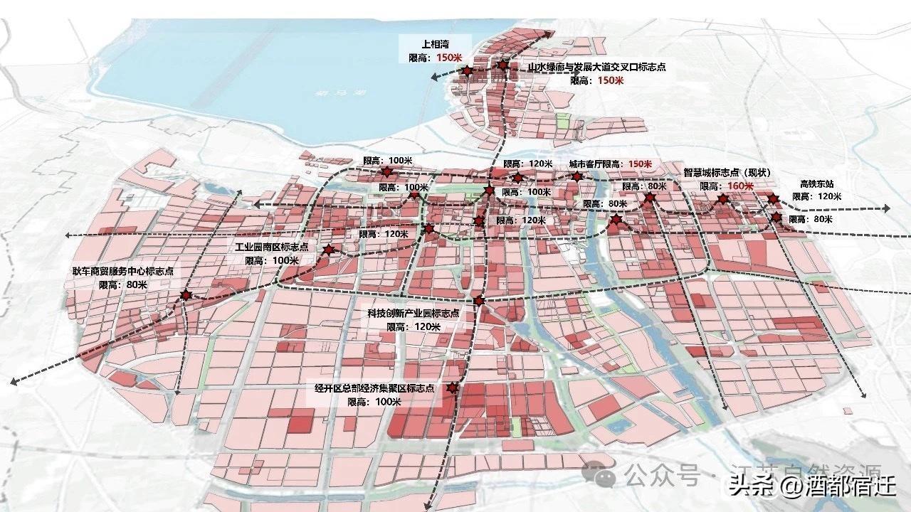 从宿迁中心城区空间管控规划中可以看出，城市建筑高度管控标准明确，全域制高点规划仅