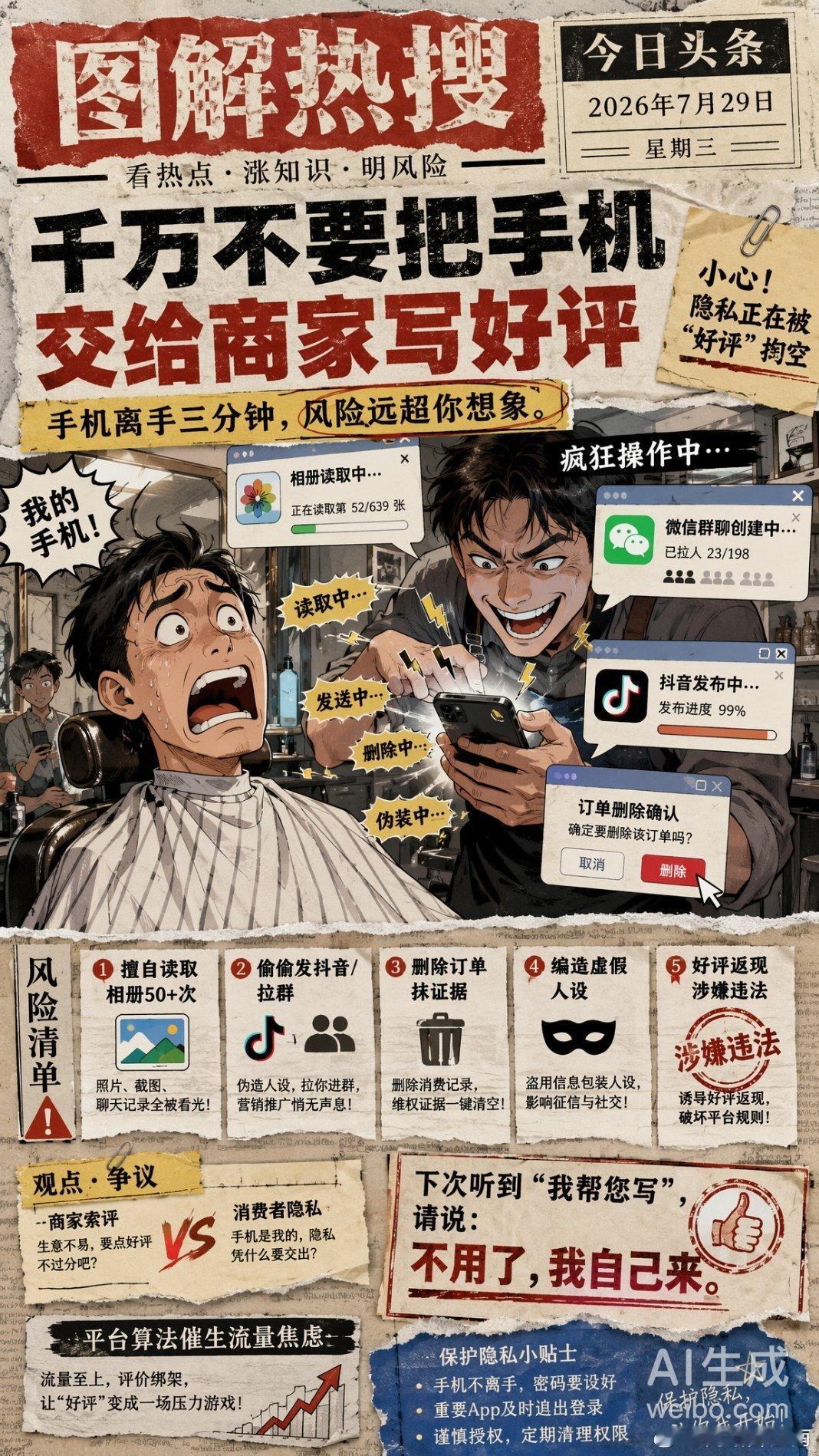 千万不要把手机交给商家写好评别为一点小礼品把手机交给商家代写好评，极易泄露隐私，