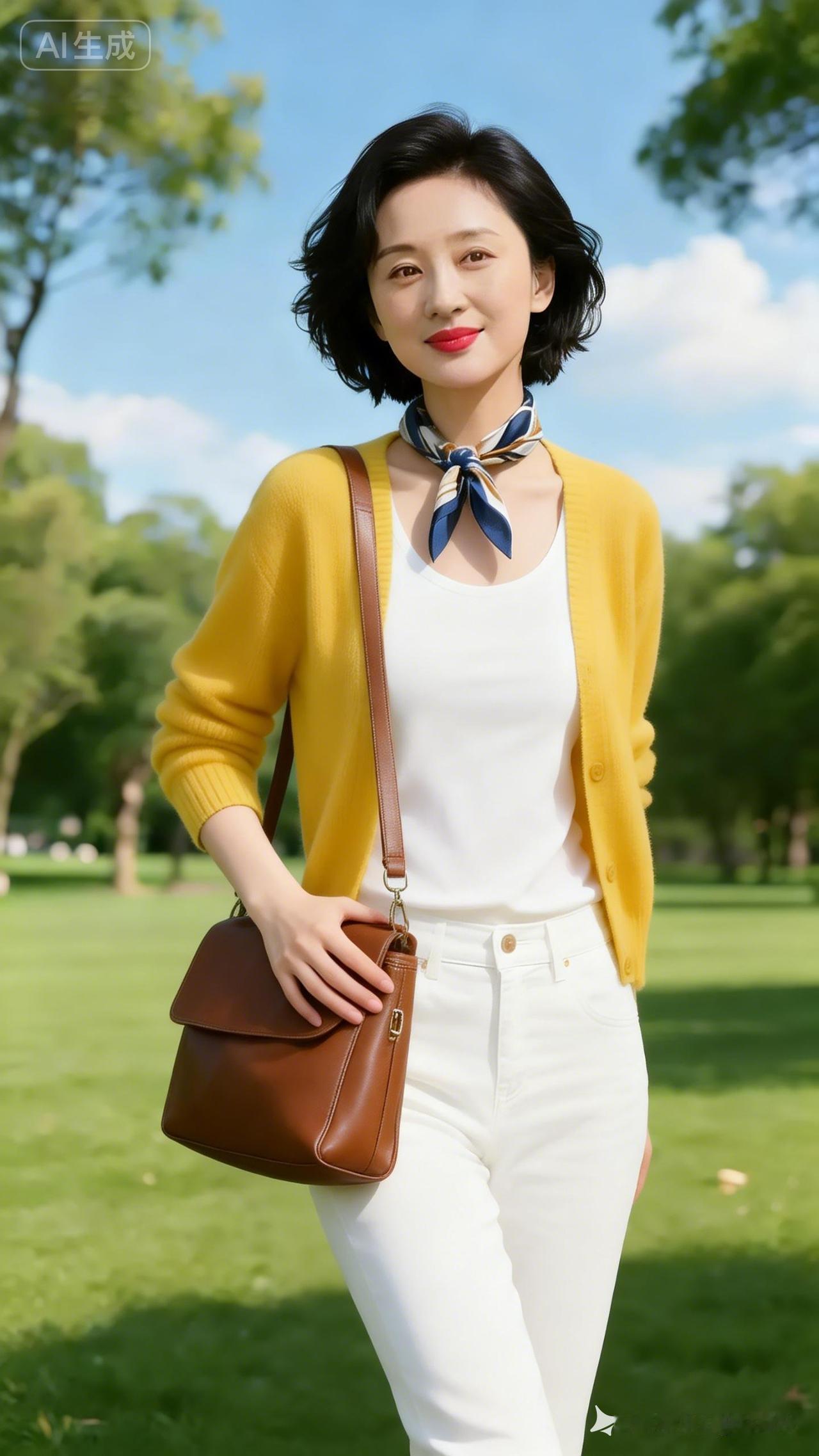 黄色针织衫+白色裤子，清新自然，搭配棕色包包，轻松出行！