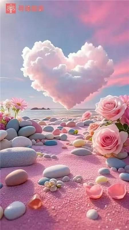 梦幻粉色海滩，心形的云朵，浪漫到极致！💖🌊