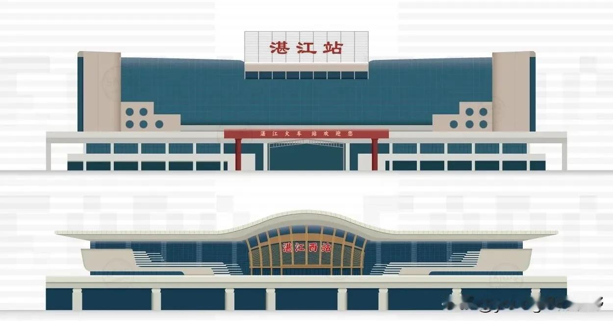 电脑生成的湛江市内的目前几座大型车站，分别是湛江火车站、湛江西站、湛江北站和吴川