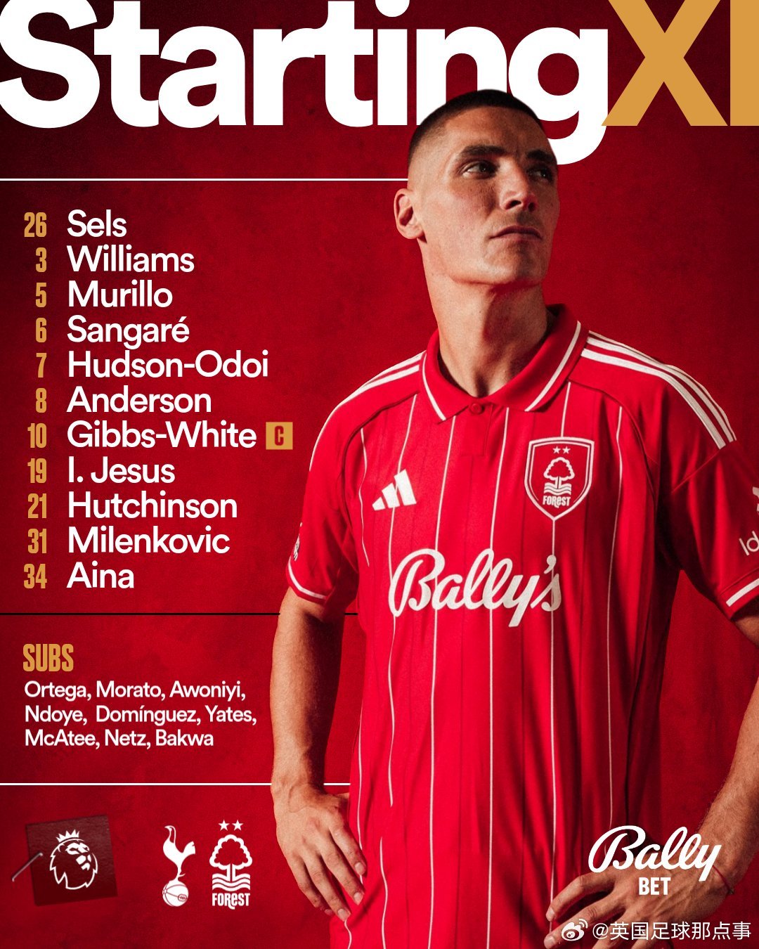 热刺vs诺丁汉森林 首发阵容⬇️ 22:15开赛！热刺首发：1-维卡里奥、4-丹