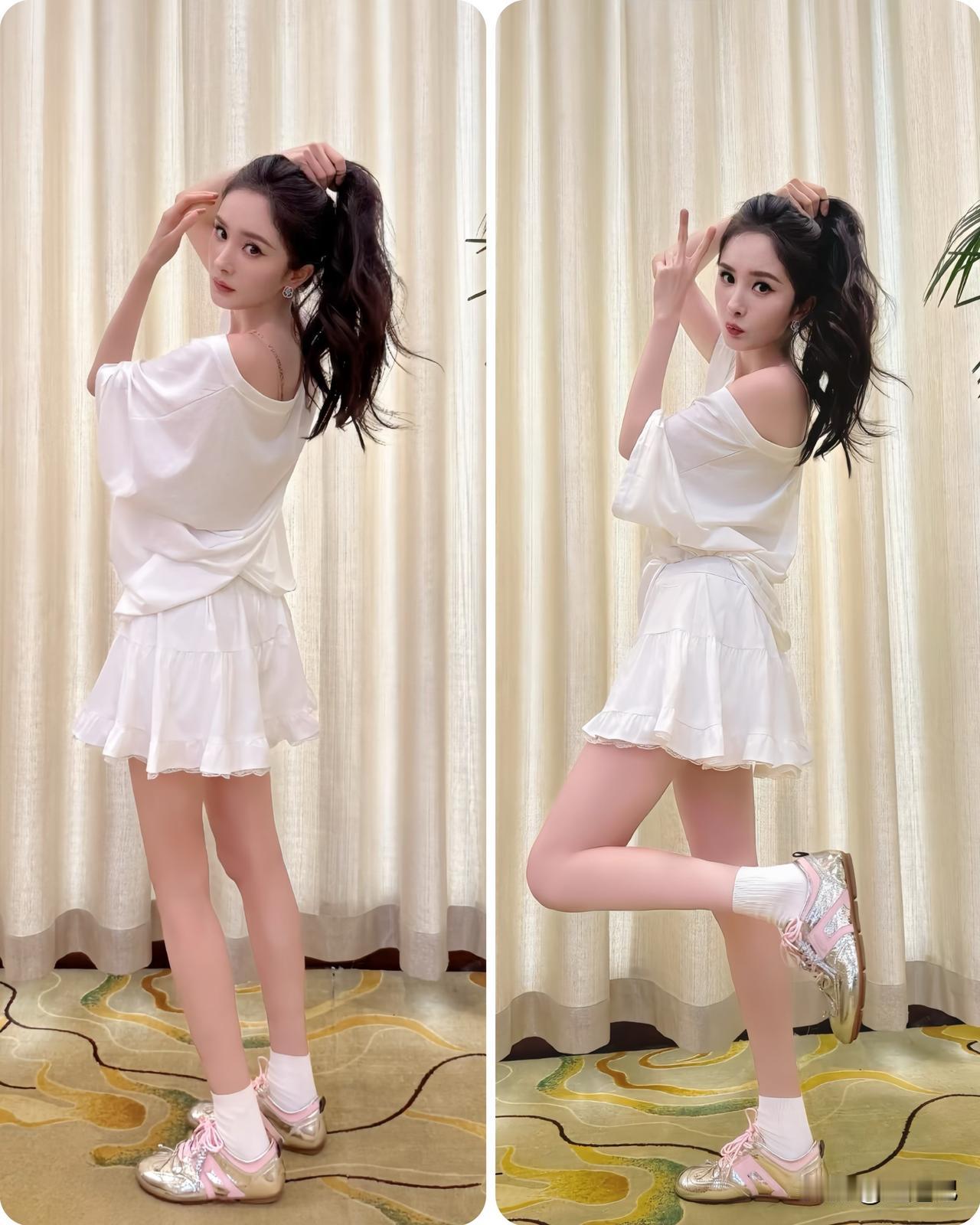 杨幂一身纯白休闲穿搭，少女感从来不是年龄限定的标签