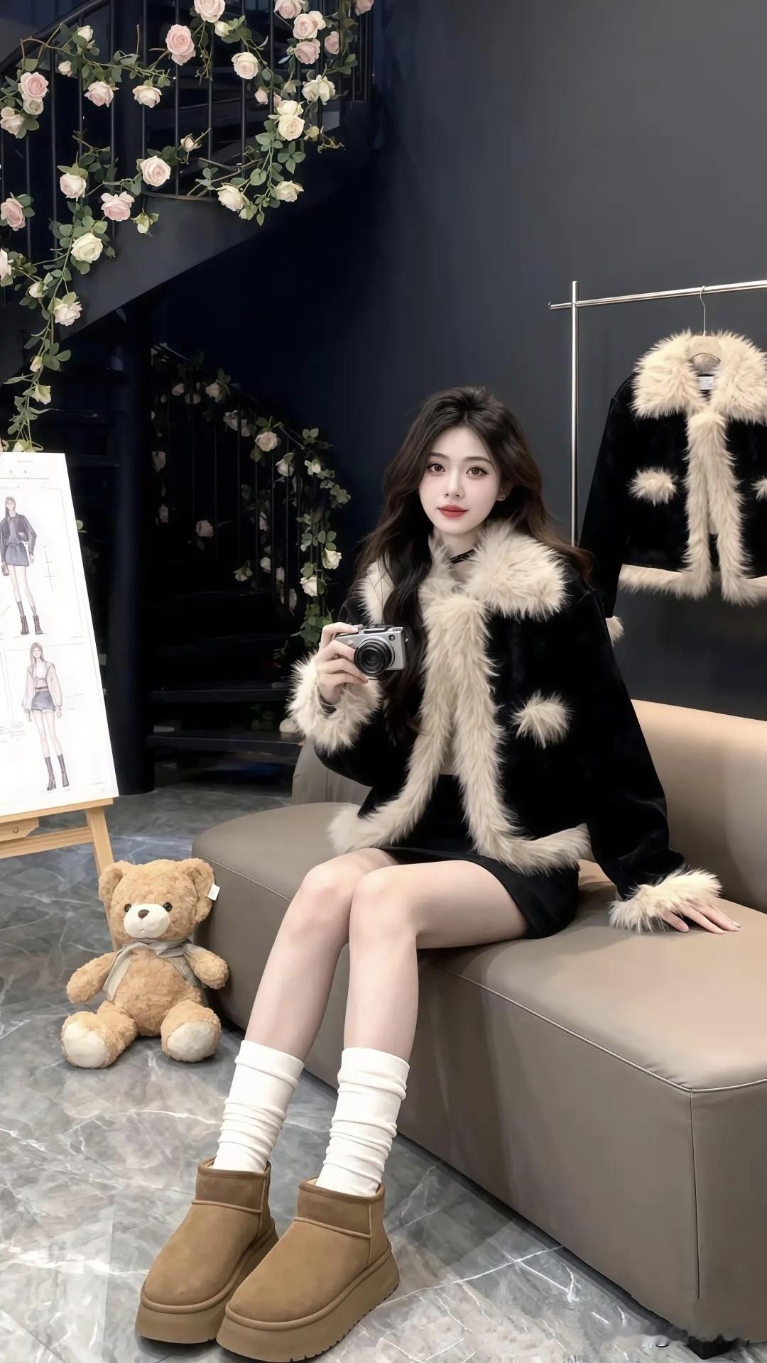 秋冬氛围有时就差这件外套！软糯毛绒拼接挺括面料，室内外切换毫无压力。推门进暖房不