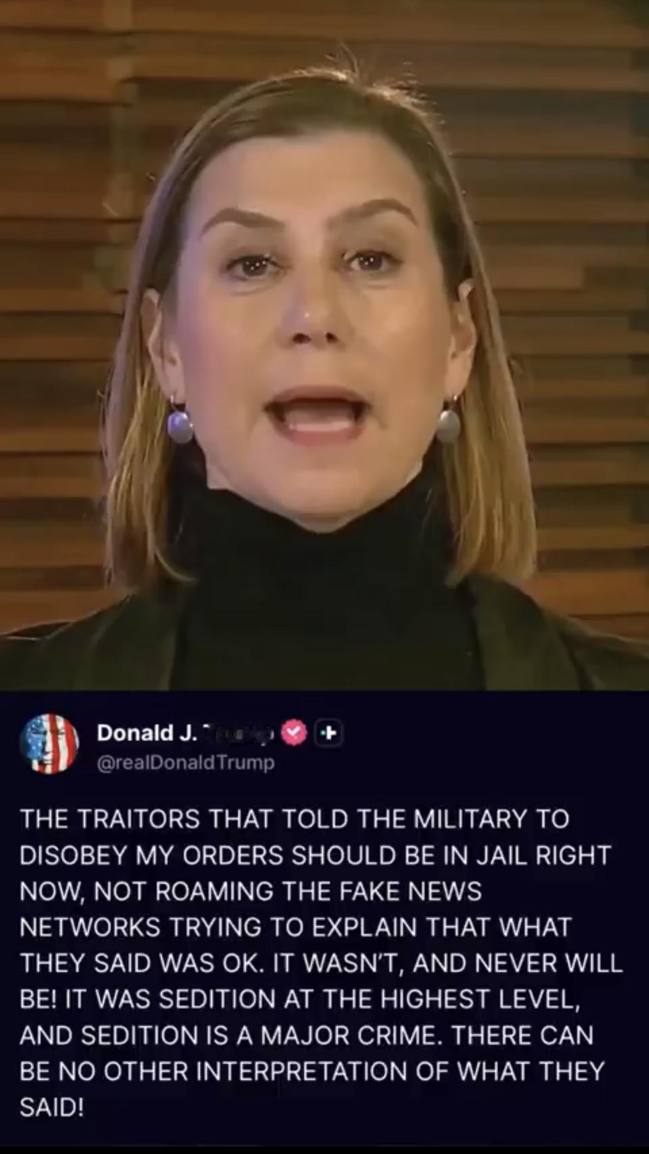 特朗普呼吁立即将那些指示军人不服从命令的六名民主党国会议员投入监狱，说这是最高级