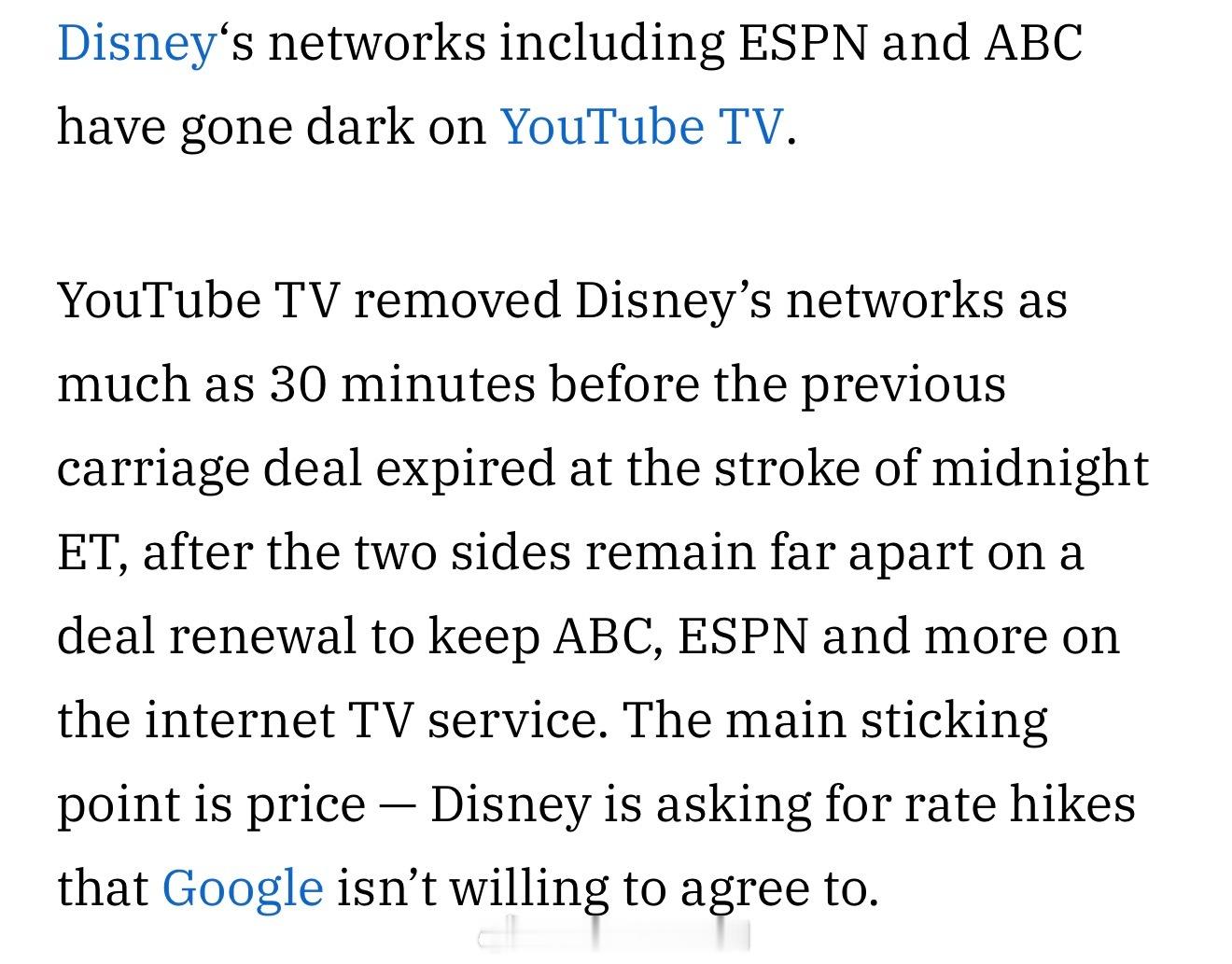 迪士尼坐地起价，谷歌不答应，ABC地方台和ESPN将被YouTube TV下架，
